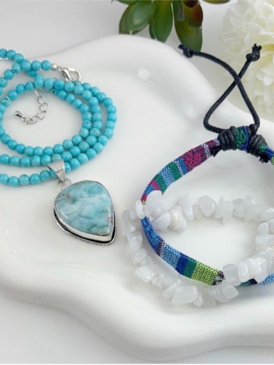 Southwest Jewelry - Jewelry Set Lot Blue Larimar Pendant Turquoise Chain 925 Sterling Silver Overlay